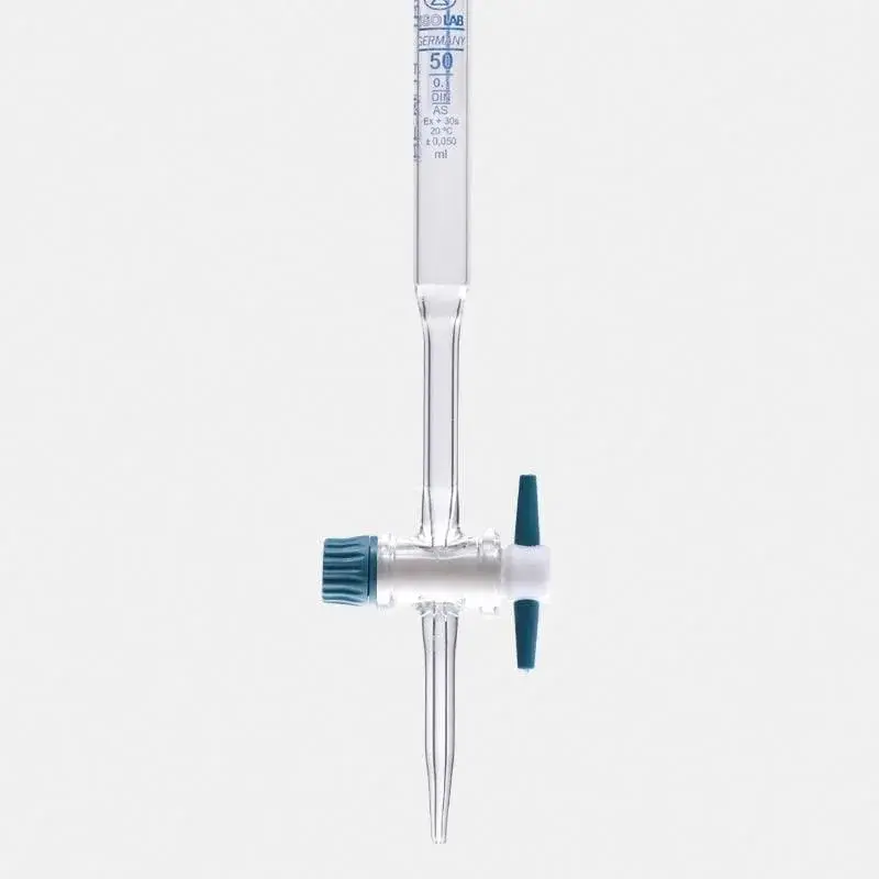 Büret - Düz - Şeffaf - Ptfe Musluklu - As Kalite - Grup Sertifikalı - Şelbah Çizgili - Mavi Skala - 10 Ml