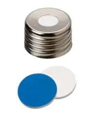 Kapak 18mm, Ultra Hijyen, Manyetikik, Vidalı Gümüş Rengi, Orta Delikli, Silikon Beyaz/ptfe Mavi, 55° Shore A, 1.5mm 100 Adet