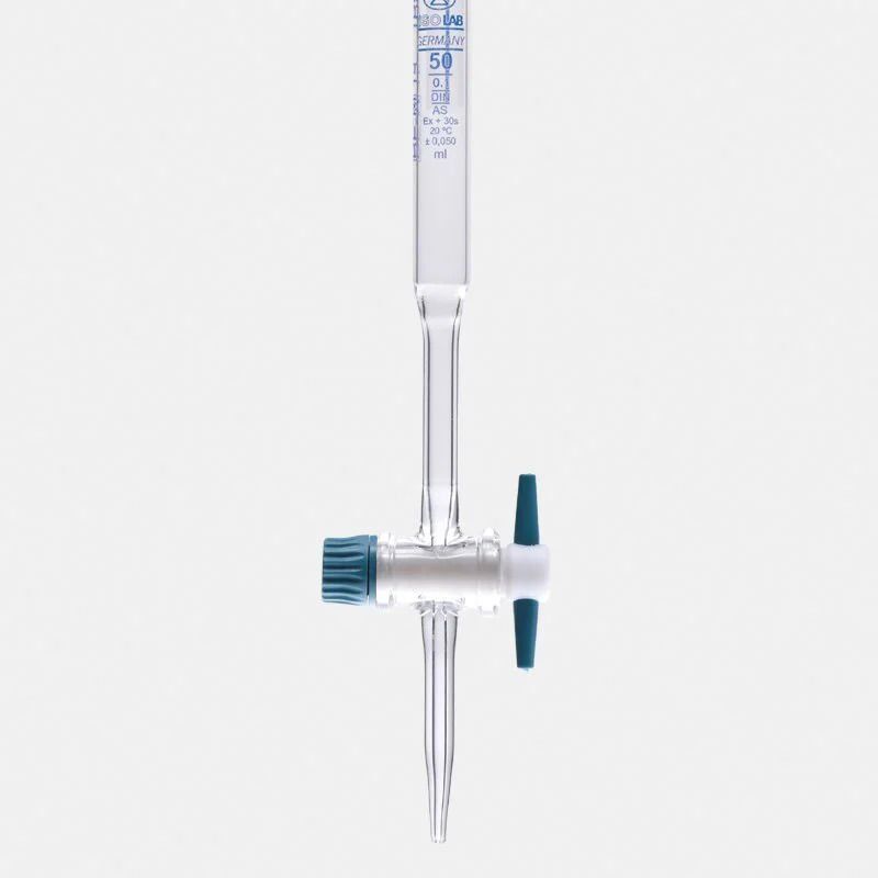 Büret - Düz - Şeffaf - Ptfe Musluklu - As Kalite - Grup Sertifikalı - Şelbah Çizgili - Mavi Skala - 25 Ml