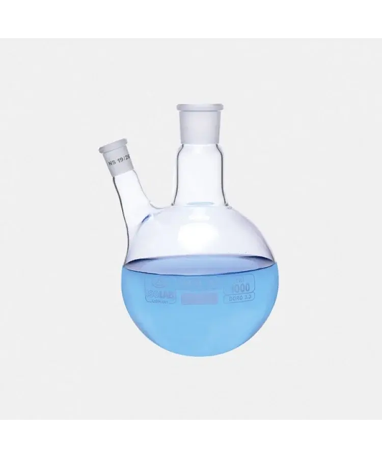 Balon - Dibi Yuvarlak - 2 Boyunlu - Yan Dişi Şilif - Merkez Boyun : Ns 24/29 - Yan Dişi Şilif : Ns 14/ 23 - 250 Ml