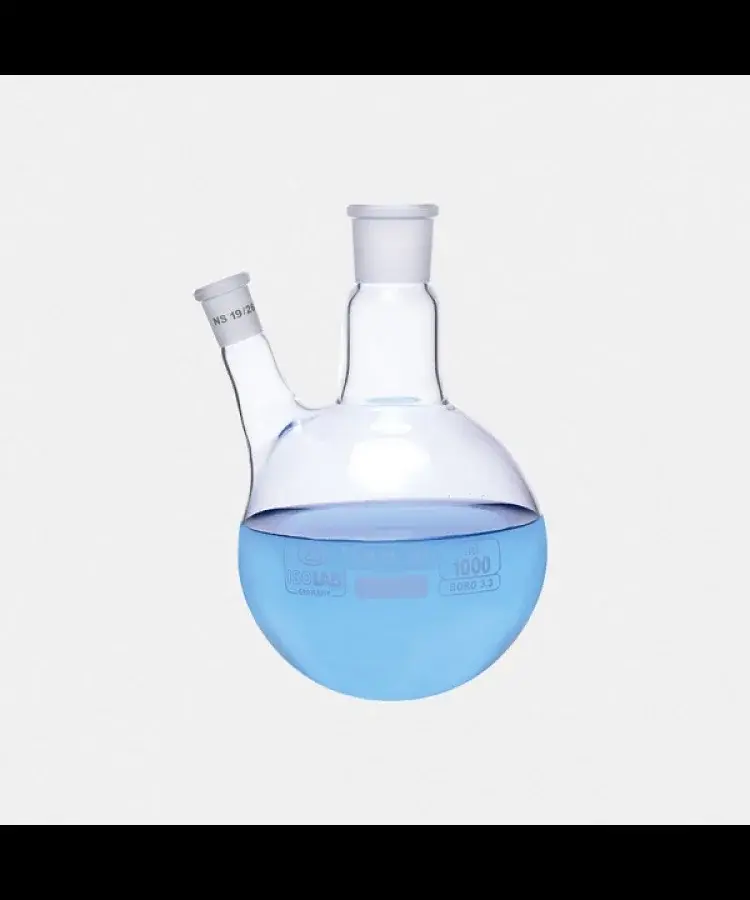 Balon - Dibi Yuvarlak - 2 Boyunlu - Yan Dişi Şilif - Merkez Boyun : Ns 24/29 - Yan Dişi Şilif : Ns 19/26 - 100 Ml