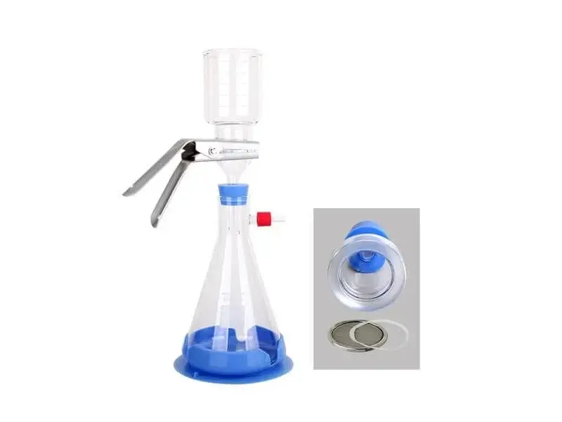 Vakum Filtrasyon Sistemi, Silikon Tıpalı, Cam Huni 300 Ml + Nuçe Erleni 1000 Ml + Alüminyum Kıskaç