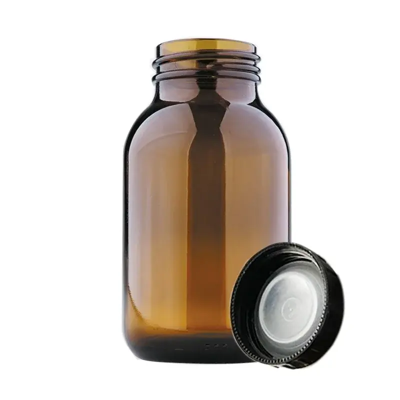 Çözelti Şişesi, Cam, Şilif Cam Kapaklı, Geniş Boyunlu, Amber, Yuvarlak, 100 Ml