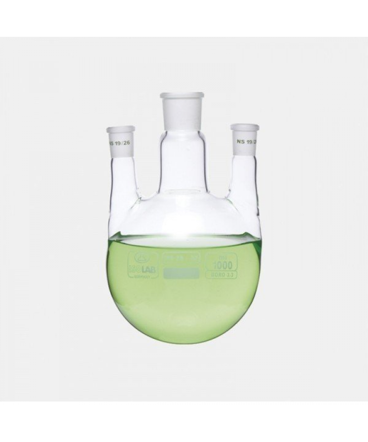 Balon - Dibi Yuvarlak - 3 Boyunlu - Paralel Yan Boyun - Merkez Boyun : Ns 24/29 - Yan Boyun(Lar) : Ns 19/26 - 500 Ml